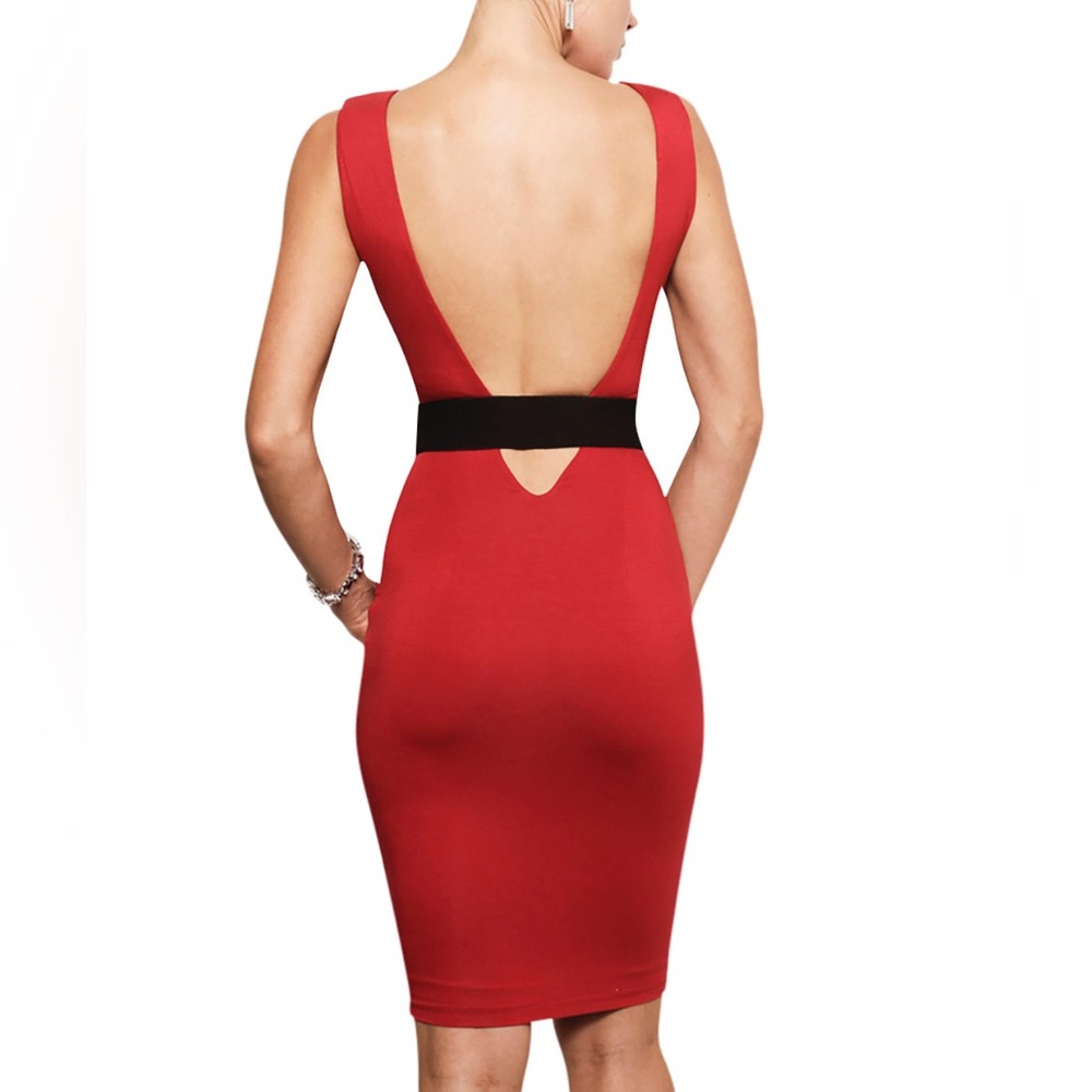 NWT Red Black Belted Backless Dress Work Cocktail Office Jersey Bamboo S